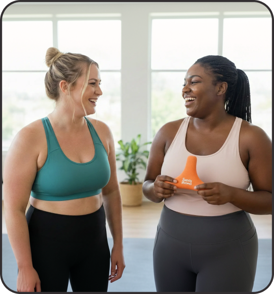 Two women in sports bras, one holding a Sweatparator